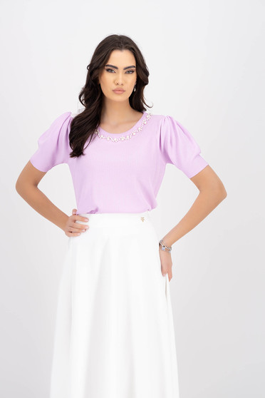 Short sleeves blouses, Lila women`s blouse knitted loose fit with pearls - StarShinerS.com