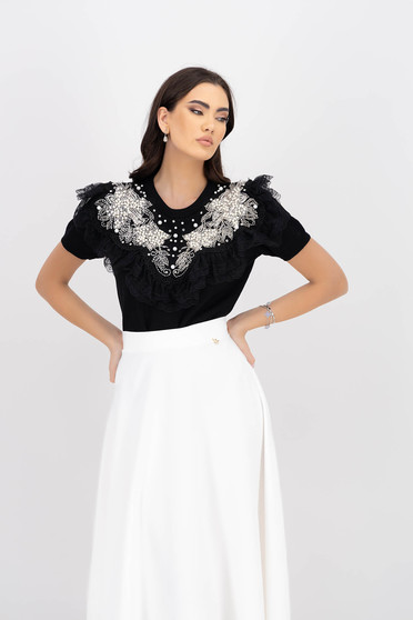 Short sleeves blouses, Black women`s blouse knitted loose fit with crystal embellished details - StarShinerS.com
