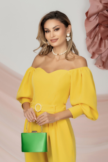 Yellow women`s blouse elastic cloth tented naked shoulders with 3/4 sleeves with puffed sleeves