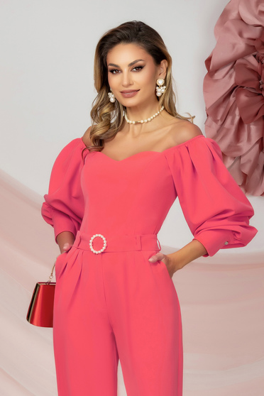 Elegant Blouses, Pink women`s blouse elastic cloth tented naked shoulders with 3/4 sleeves with puffed sleeves - StarShinerS.com