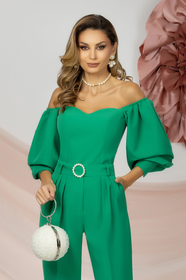 Green women`s blouse elastic cloth tented naked shoulders with 3/4 sleeves with puffed sleeves