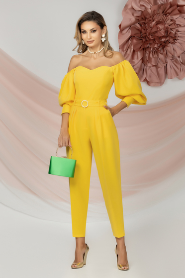 High waisted trousers, Yellow trousers elastic cloth long conical lateral pockets accessorized with tied waistband - StarShinerS.com