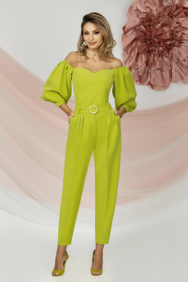 Pantaloni lungi din stofa elastica verde lime conici cu buzunare laterale accesorizati cu cordon - PrettyGirl