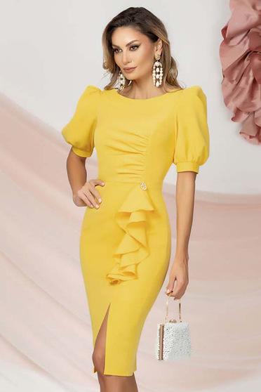 Yellow dress elastic cloth knee-length pencil with puffed sleeves
