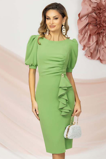 Rochie din stofa elastica verde-deschis pana la genunchi tip creion cu maneci bufante - PrettyGirl