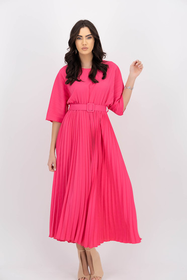 Online Dresses, Pink dress pleated light material midi accessorized with belt cloche with elastic waist - StarShinerS.com