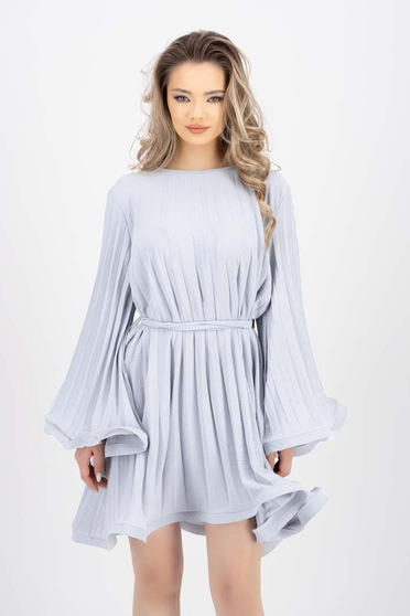 Online Dresses, Grey dress pleated georgette short cut accessorized with tied waistband loose fit - StarShinerS.com