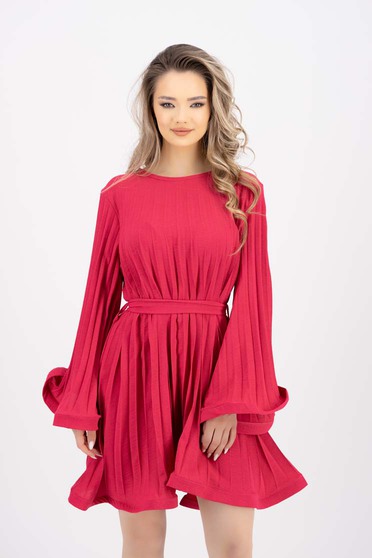 Online Dresses, Fuchsia dress pleated georgette short cut accessorized with tied waistband loose fit - StarShinerS.com