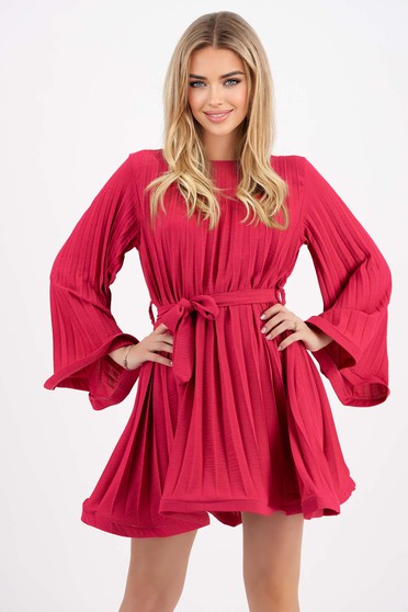 Elegant dresses, Fuchsia dress pleated georgette short cut accessorized with tied waistband loose fit - StarShinerS.com