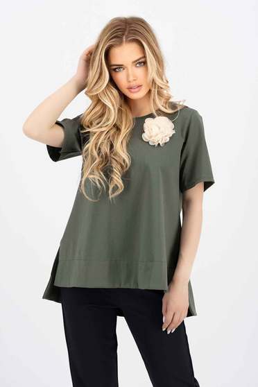 Casual T-shirts, Darkgreen t-shirt cotton loose fit asymmetrical with flower shaped brestpin - StarShinerS.com
