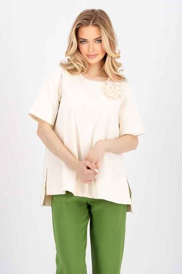 Casual T-shirts, Nude t-shirt cotton loose fit asymmetrical with flower shaped brestpin - StarShinerS.com