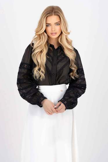 Shirts, Black women`s shirt loose fit organza with puffed sleeves with lace details - StarShinerS.com