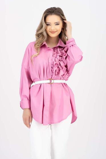 Pink women`s shirt poplin loose fit with ruffle details