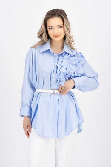 Casual shirts, Lightblue women`s shirt poplin loose fit with ruffle details - StarShinerS.com