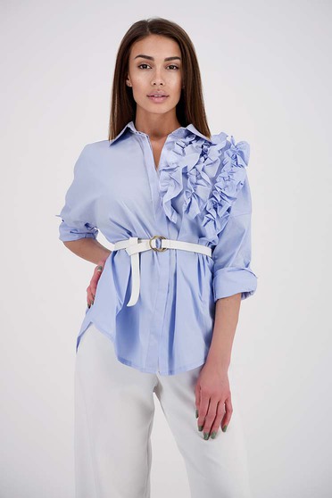 Casual shirts, Lightblue women`s shirt poplin loose fit with ruffle details - StarShinerS.com