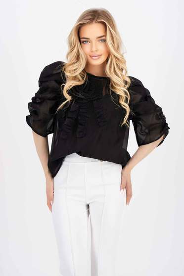 Casual Blouses, Black women`s blouse organza loose fit with puffed sleeves - StarShinerS.com