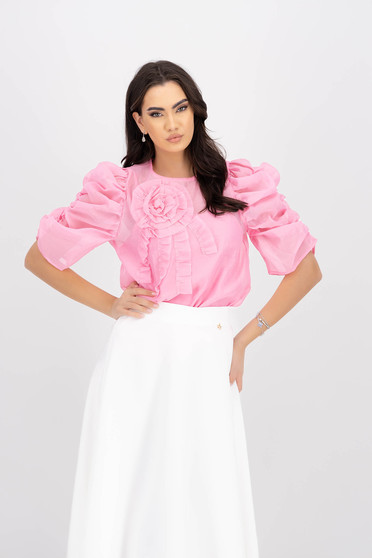 Casual Blouses, Pink women`s blouse organza loose fit with puffed sleeves - StarShinerS.com