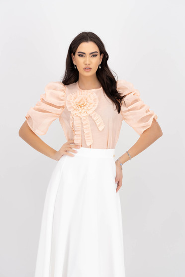 Peach women`s blouse organza loose fit with puffed sleeves