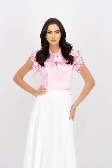 Pink women`s blouse from satin loose fit with lace details