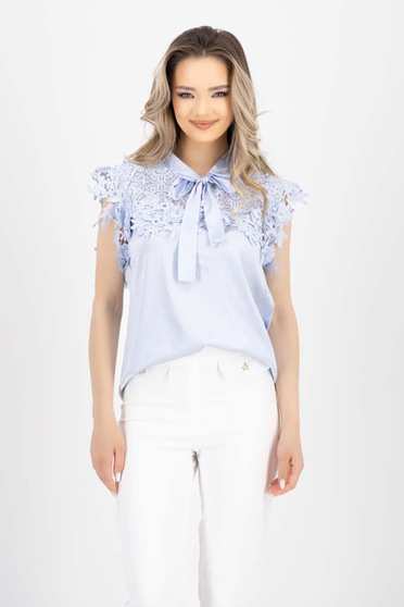 Lightblue women`s blouse from satin loose fit with lace details