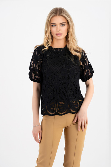 Black women`s blouse cotton loose fit short sleeve with puffed sleeves