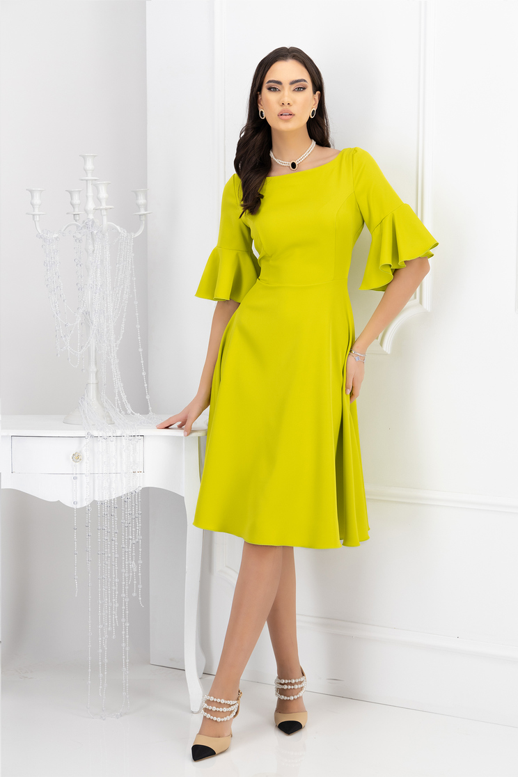 Rochie din stofa elastica verde lime midi in clos cu volanase la maneci - StarShinerS - Rochii-Dama.ro