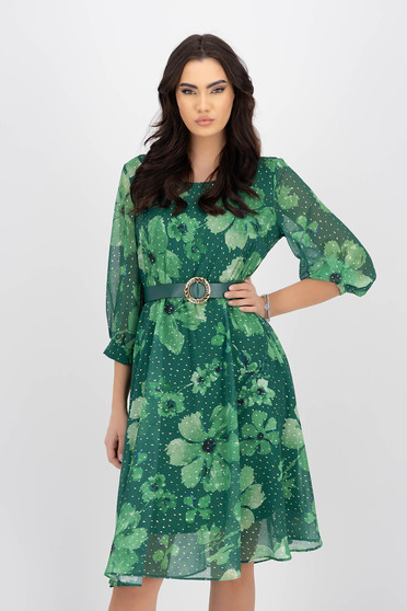 Rochii elegante, Rochie din voal  verde in clos cu elastic in talie si imprimeu floral - StarShinerS.ro