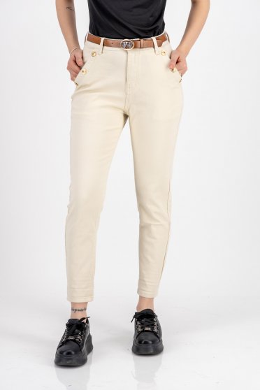 Beige jeans cotton long skinny jeans accessorized with belt high waisted
