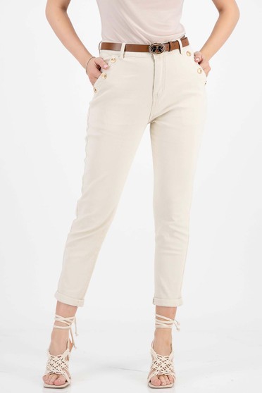 Beige jeans cotton long skinny jeans accessorized with belt high waisted