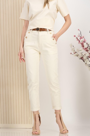 Blugi lungi bej skinny cu talie inalta si accesoriu tip curea
