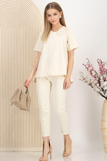 Blugi lungi bej skinny cu talie inalta si accesoriu tip curea