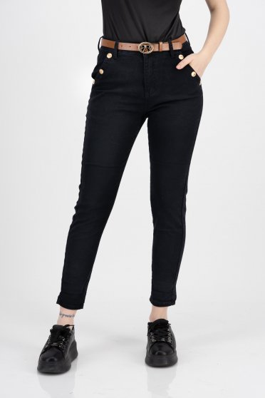 Black jeans cotton long skinny jeans accessorized with belt high waisted
