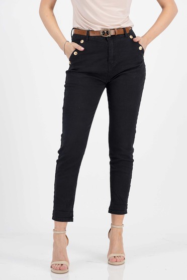 Black jeans cotton long skinny jeans accessorized with belt high waisted