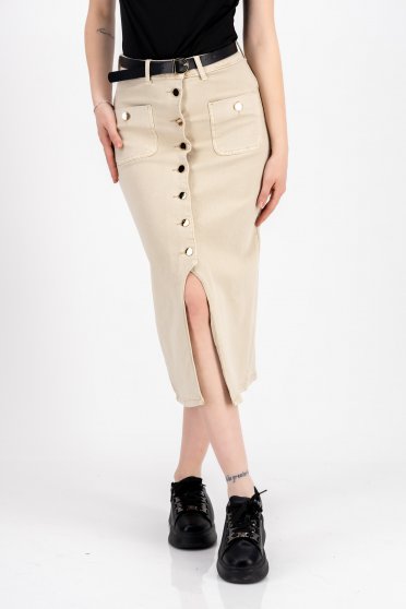 Cream skirt denim midi straight accessorized with belt