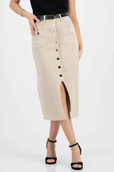 Midi skirts, Cream skirt denim midi straight accessorized with belt - StarShinerS.com