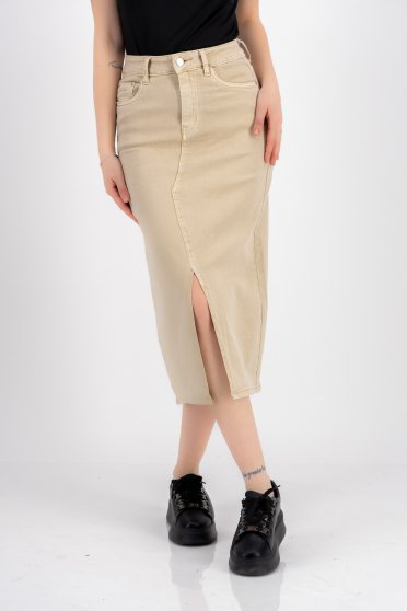 Midi skirts, Beige skirt denim midi straight frontal slit - StarShinerS.com