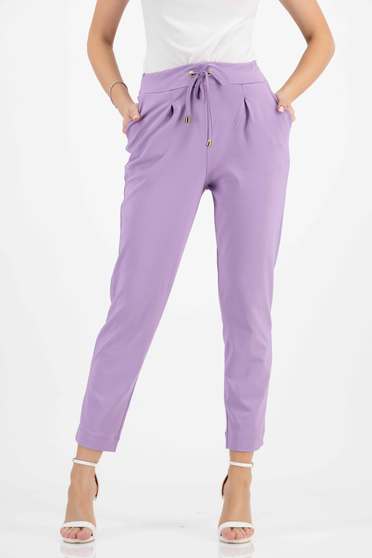 High waisted trousers, Cotton straight is fastened around the waist with a ribbon with elastic waist lila trousers - StarShinerS.com