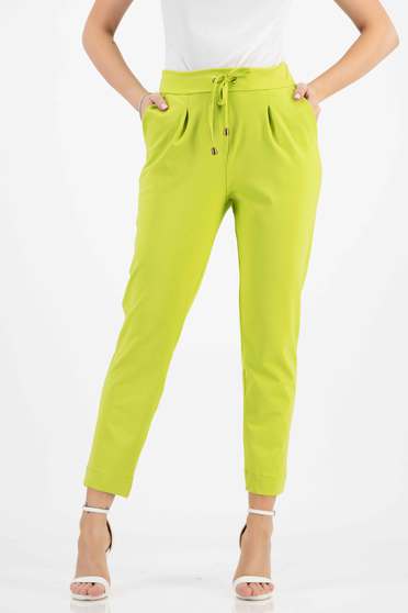 Pantaloni Dama  cu talie inalta, Pantaloni din bumbac verde lime cu un croi drept si snur cu elastic in talie - StarShinerS.ro