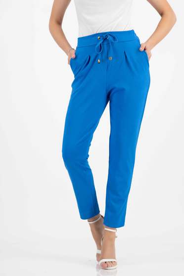 High waisted trousers, Cotton straight is fastened around the waist with a ribbon with elastic waist blue trousers - StarShinerS.com