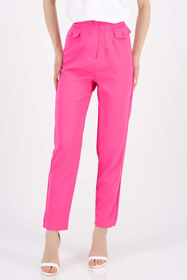 Pantaloni Dama , Pantaloni lungi din bumbac roz cu un croi drept si buzunare frontale false - StarShinerS.ro