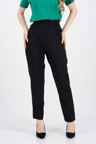 High waisted trousers, Black trousers long straight cotton with faux pockets - StarShinerS.com