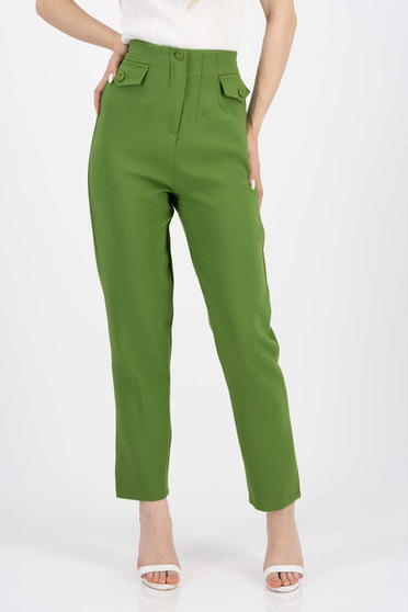 High waisted trousers, Khaki trousers long straight cotton with faux pockets - StarShinerS.com