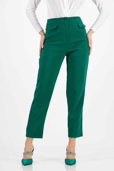Pantaloni office, Pantaloni lungi din bumbac verde-inchis cu un croi drept si buzunare frontale false - StarShinerS.ro