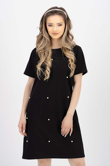 Online Dresses, Black dress cotton short cut straight pearls - StarShinerS.com