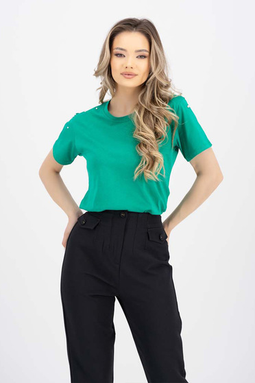 Casual T-shirts, Green t-shirt cotton loose fit pearls - StarShinerS.com