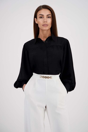 Black women`s shirt cotton loose fit with puffed sleeves