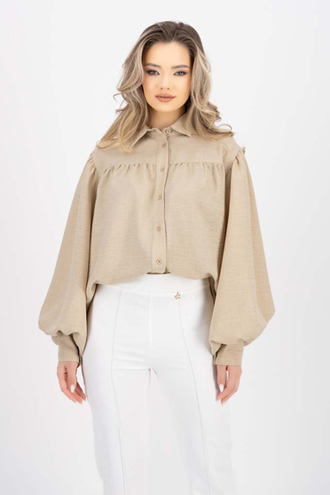 Beige women`s shirt cotton loose fit with puffed sleeves