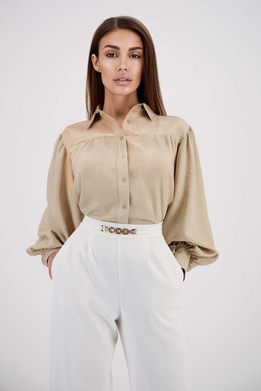 Beige women`s shirt cotton loose fit with puffed sleeves