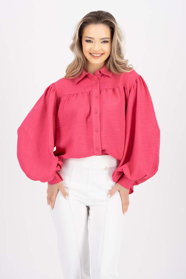 Pink women`s shirt cotton loose fit with puffed sleeves