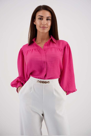 Pink women`s shirt cotton loose fit with puffed sleeves